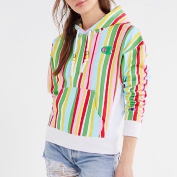 Champion x‎ Urban Outfitters Reverse Weave Watermelon Multicolor Stripe Hoodie S - Picture 1 of 16